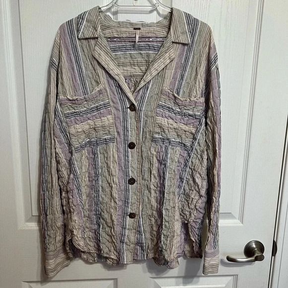 Free People High Tide Pastel Stripe Button Down Shirt Size Large - Picture 4 of 13